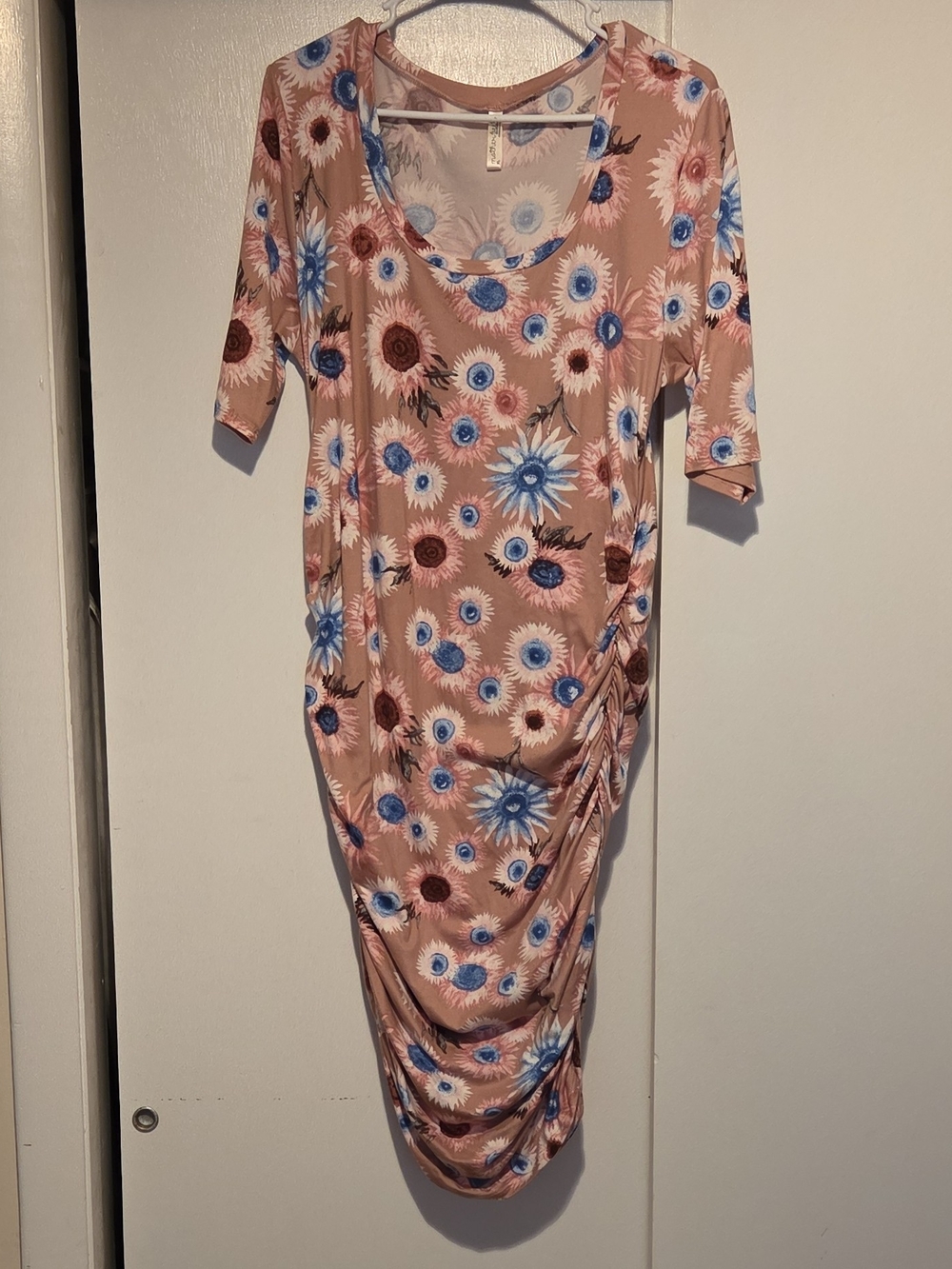 MOTHER Pink Floral Midi Dress with Blue and Brown Blooms